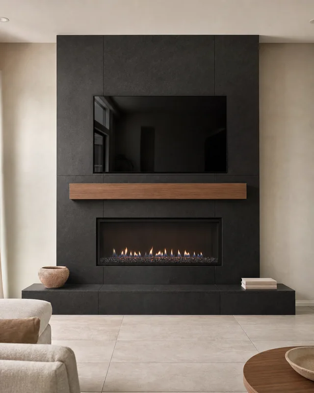 After – linear gas fireplace with black granite surround and walnut mantel