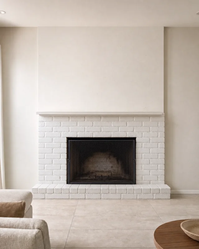Before – painted brick wood-burning fireplace