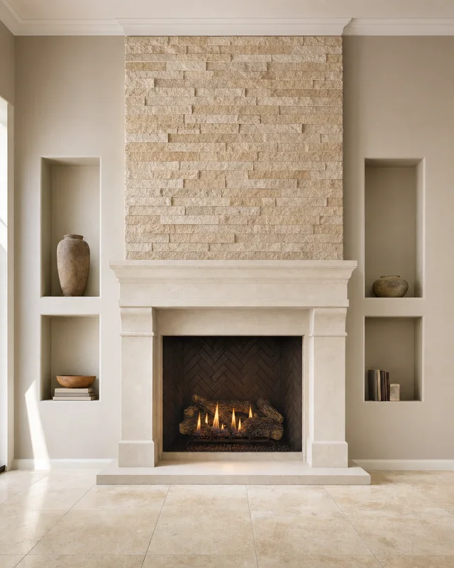 After – cast limestone mantel with stacked stone surround and gas logs