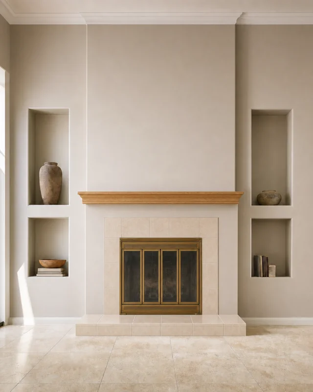 Before – dated tile fireplace with brass glass doors