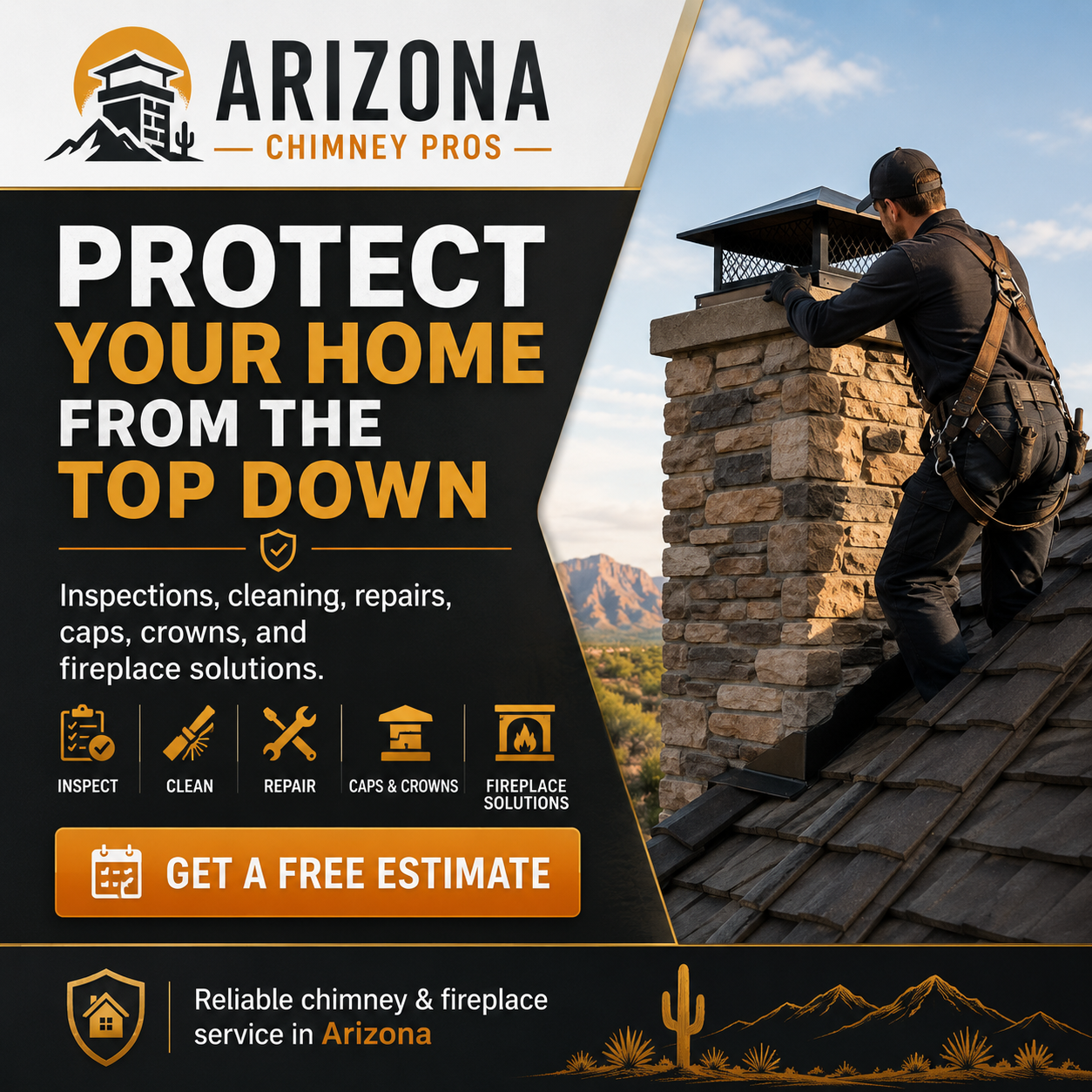Protect your home from the top down — aerial Phoenix chimney inspection promo — Arizona Chimney Pros