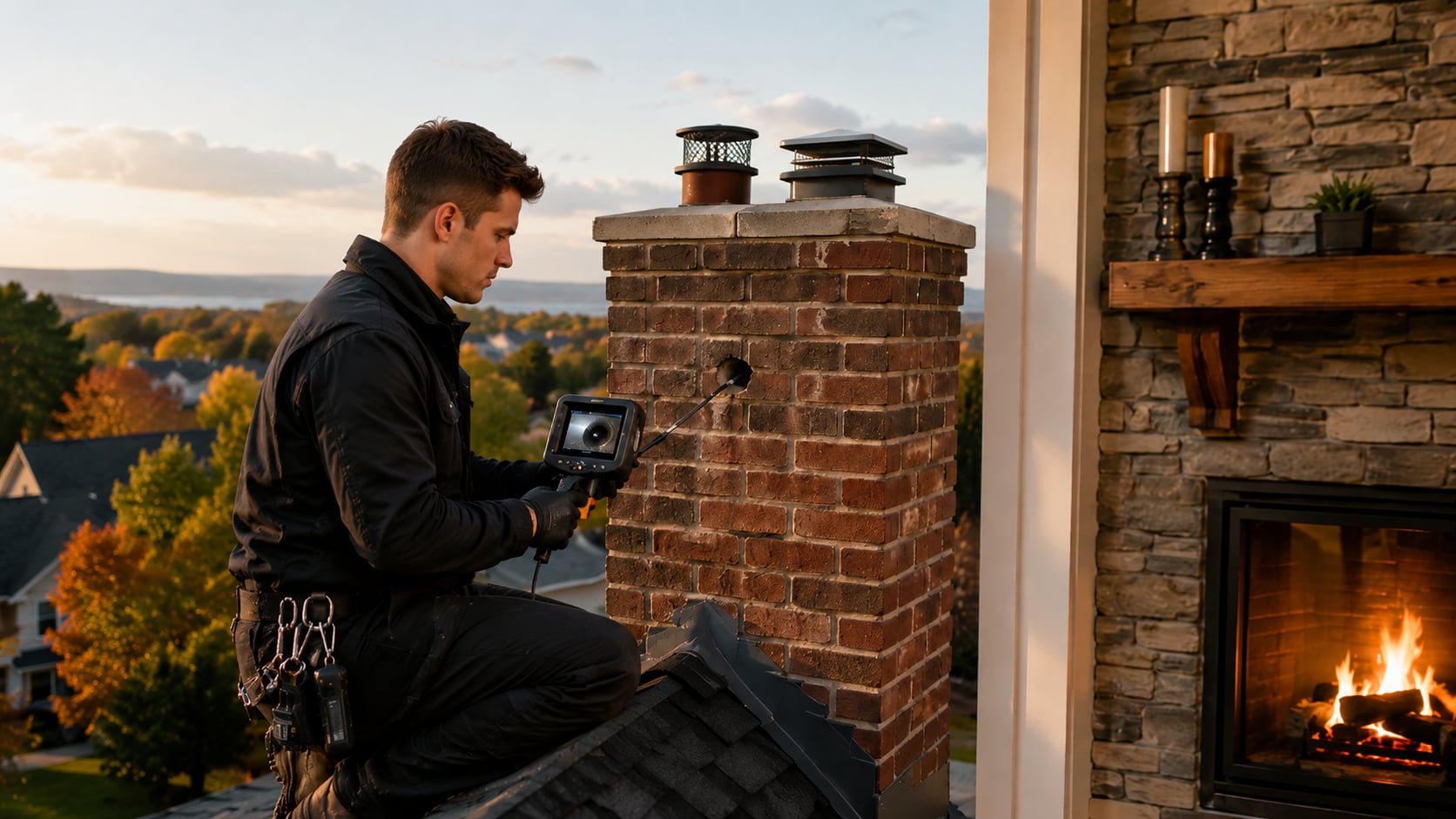 Chimney technician performing camera inspection on brick chimney from rooftop