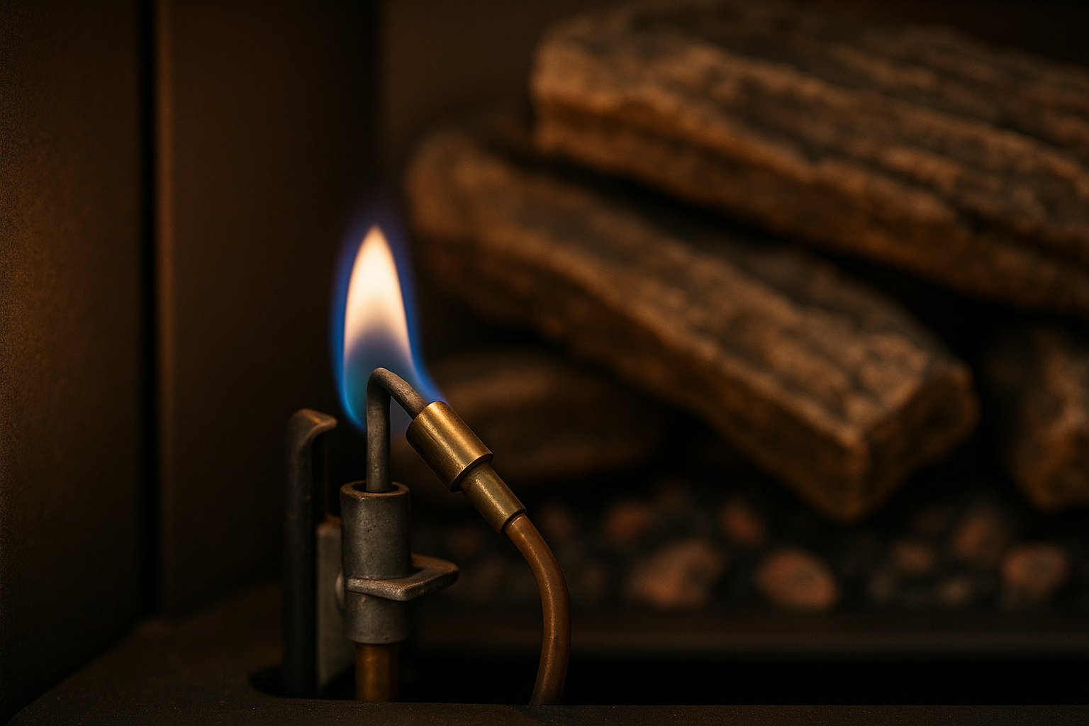Close-up of a gas fireplace pilot light burning with a small blue flame at the thermocouple tip — the diagnostic moment in a Phoenix troubleshooting call