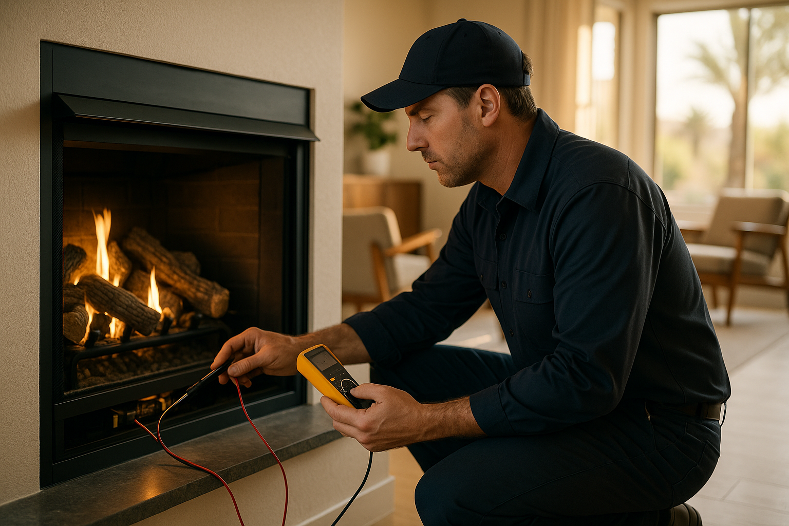 Arizona Chimney Pros technician diagnosing a modern gas fireplace with a multimeter in a Phoenix Arizona home interior