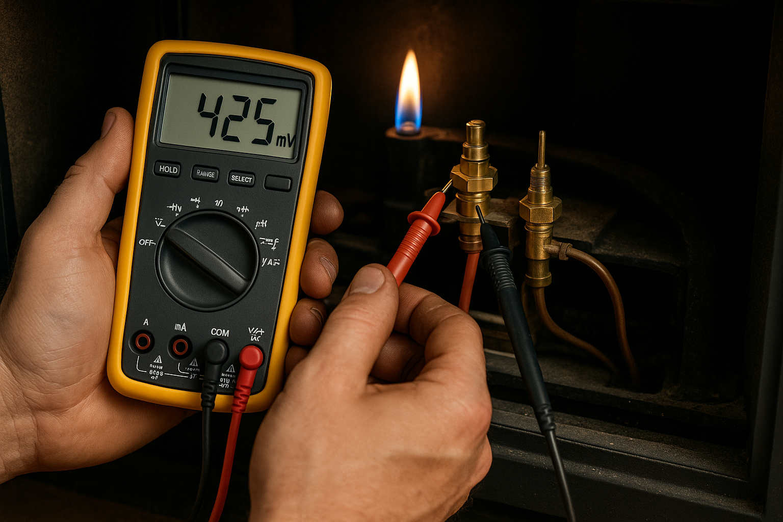 Close-up of a digital multimeter testing thermopile voltage inside an opened gas fireplace — the diagnostic step that separates real fireplace specialists from contractors who guess