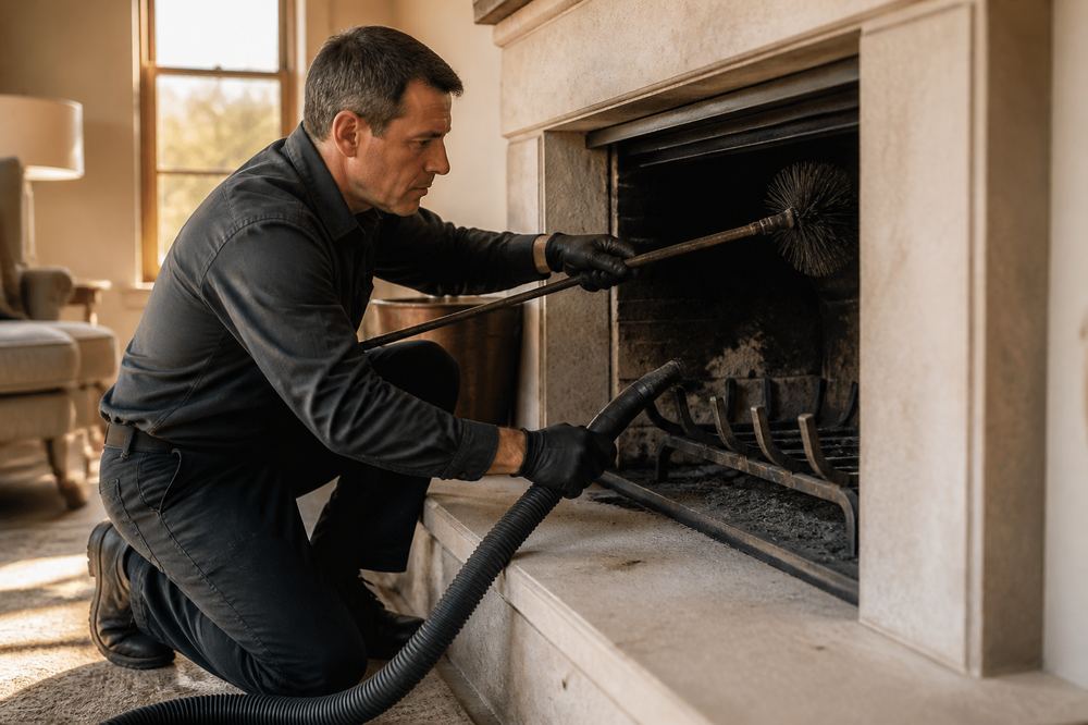 Chimney sweep technician brushing creosote and soot from a wood-burning fireplace flue into a vacuum in a Scottsdale living room