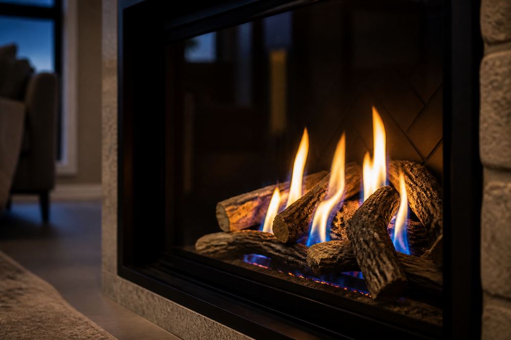 Clean gas fireplace burner with steady blue flames behind a crystal-clear glass front