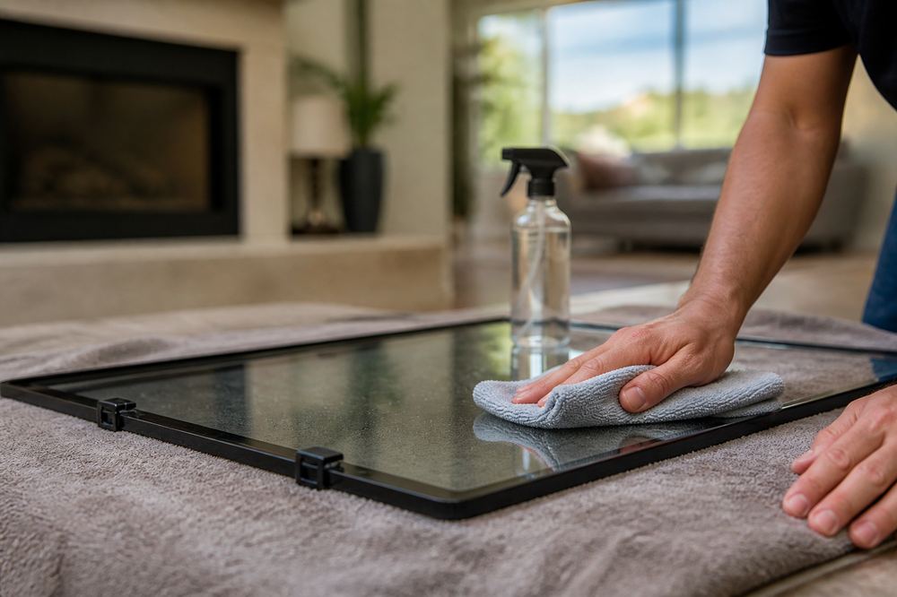 Hands wiping a removed gas fireplace glass panel with a microfiber cloth and ammonia-free cleaner on a towel