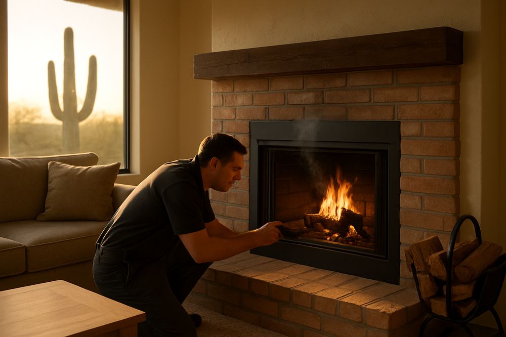Chimney technician kneeling to inspect a wood-burning fireplace as a wisp of smoke drifts into a Scottsdale living room at sunset