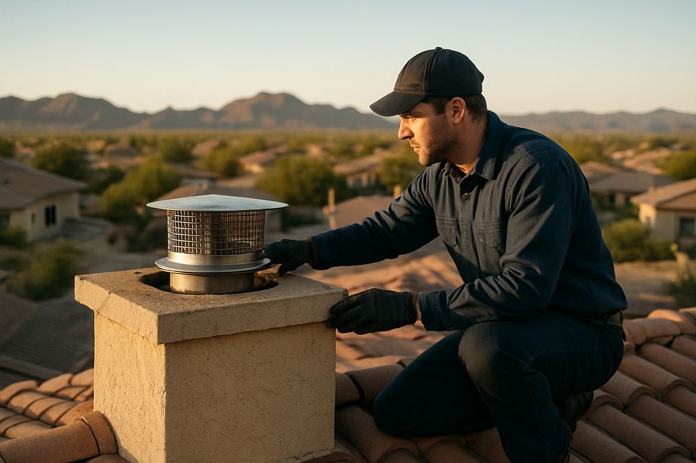 Technician on a tile rooftop inspecting a stainless chimney cap and flue with the Arizona desert and mountains behind